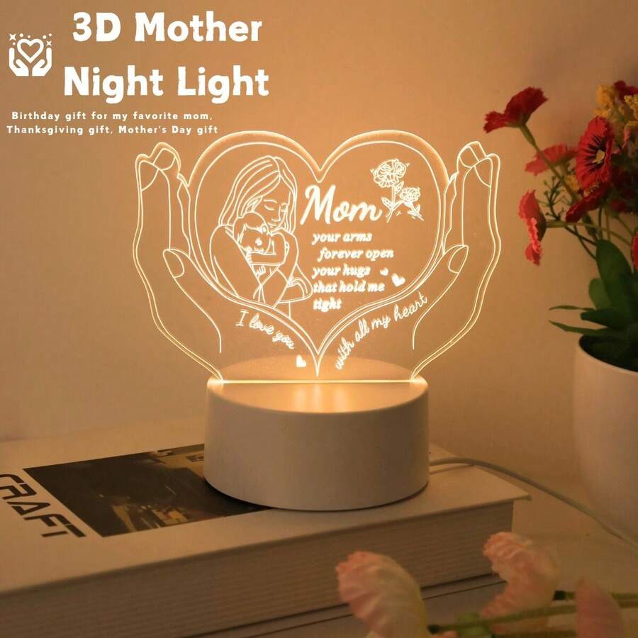 1pc 3D Creative Night Light To Express Love For Mom, Unique Carved Lamp, Switch Control, Modern Style, USB Powered, Soft Warm Lighting, Suitable For Home, Kitchen, Bedroom, Perfect Gift For Mom On Birthday, Mother's Day, Valentine's Day, Christmas, Thanksgiving - Yellow - View 1