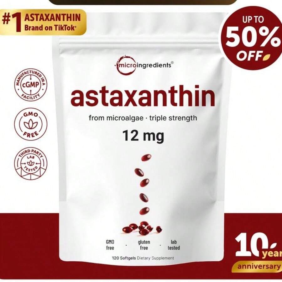 Astaxanthin 12mg, 120 Softgels | 4 Monthly Supply, Natural Tanning, Fresh Microalgae Source, Easy To Swallow - 100g - 查看 1