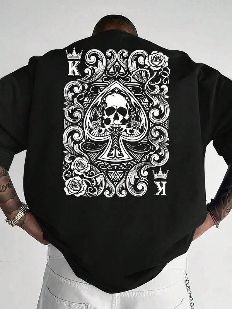 T-shirt de manga curta masculina Manfinity LEGND. T-shirt solta de estilo streeT- Com estampa caveira e coroa, em preto, para o verão. Tops elegantes para a primavera e verão, camisetas gráficas populares para homens. - Preto - Ver 1