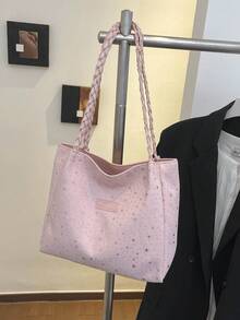 Bolso de hombro tipo tote estilo universitario minimalista con patrón de estrellas para todas las estaciones, para compras y vuelta al cole, asa tejida, posición aleatoria (color/patrón de pañuelo aleatorio) - Rosa - Ver 5