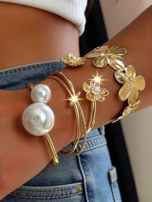 5pcs/4pcs/2pcs Vintage Elegant Fashion High-Quality Maximalist Bracelets Set, Geometric Asymmetric Line Crossed Wrapped Faux Pearl Floral Bow Metal Hammered Design Wide Bangle Twisted Thin Circle Bracelet Cuff Suit For Women, Exaggerated American Hip-Hop Luxury Personalized Charms Stacking Gold Yellow Bangle, Suitable For Summer Beach Party Music Festival Date Gift Daily Commute Jewelry Matching - Yellow Gold - View 10