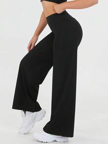 Women's Spring And Summer High Waisted Sports And Leisure Yoga Outdoor Wide Leg Pants, High Waisted Design, Loose Hanging, Daily Slimming, Versatile Solid Color, Suitable For Outdoor Sports, Fitness Yoga, Commuting, And Street Wear - 黑色 - 查看 9