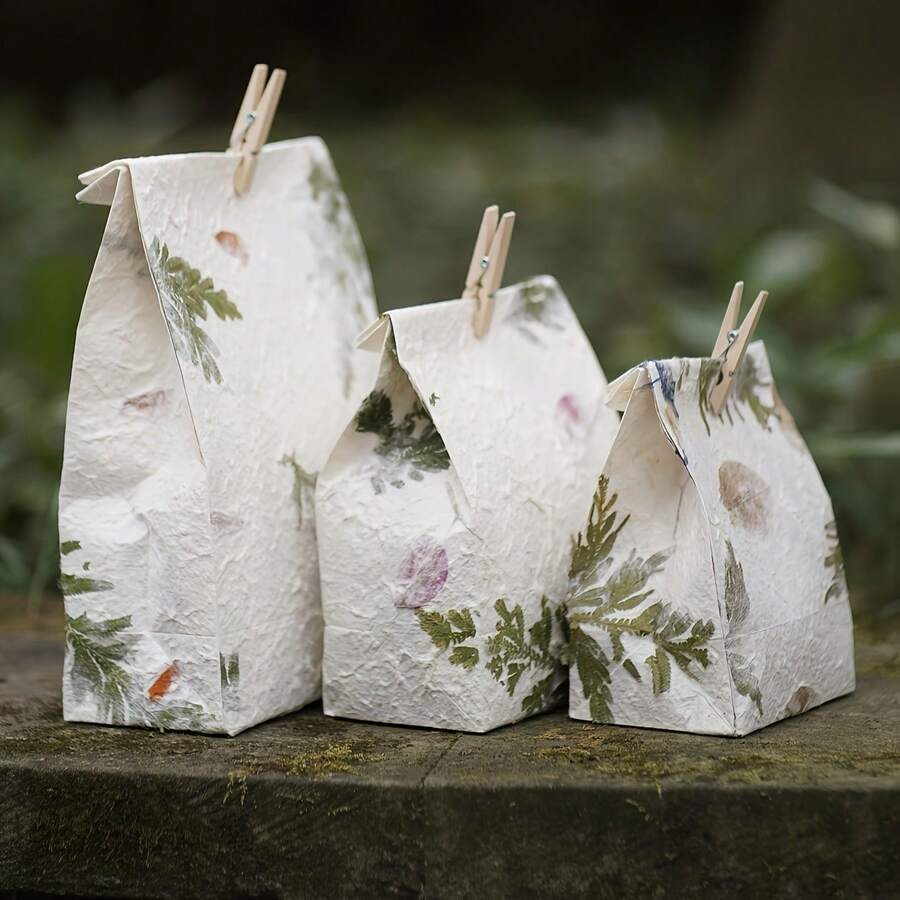5个植物印花礼品袋（带木质夹子），寓意美好的纪念品袋，糖果袋，纸袋，高品质母亲节礼品袋，手工纸袋，生日礼品袋，婚礼派对礼品包装袋，圣诞节，婚礼仪式