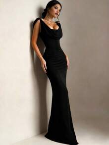 Women's Elegant Red Sleeveless Maxi Dress, Featuring Draping And Ruching Details, Fishtail Hem, Knit Fabric With Medium Stretch Wedding - Black - View 5