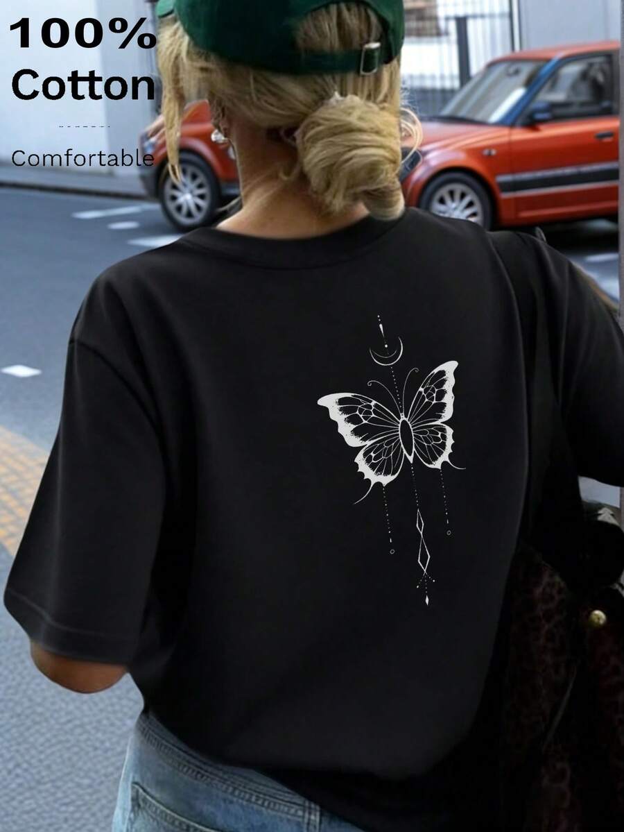 2025 女式印花 T 恤，蝴蝶印花设计，宽松版型，100% 纯棉，透气面料，穿着舒适，夏季，休闲度假风格 - 黑 - 查看 1
