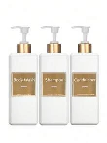 3pcs/Set 500ml Shampoo, Conditioner, Shower Gel Bottle Set, Bathroom Bottle Set With Gold Waterproof Label - Rectangular White Bottle - View 4