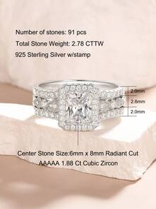 AIHUASI 2pcs/Set 925 Sterling Silver Elegant Wedding Rings Set For Women Center Stone 6*8mm 1.88 Carat Radiant Cut Dazzling AAAAA Cubic Zirconia Bridal Set Fine Jewelry Valentines Gift - Silver - View 6
