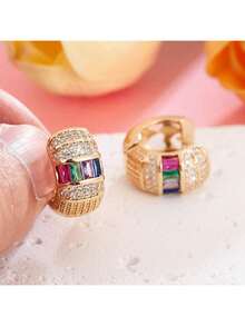 1 Pair Fashionable Round Earrings For Women, Inlaid With Shiny Colorful Zirconia Stones, Suitable For Weddings And Parties - Hoop Earrings - View 5