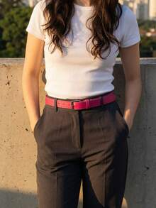 Women's Set Of Belts With Metallic Roller Buckle In Minimalist Faux Leather - Pink and Black - View 3