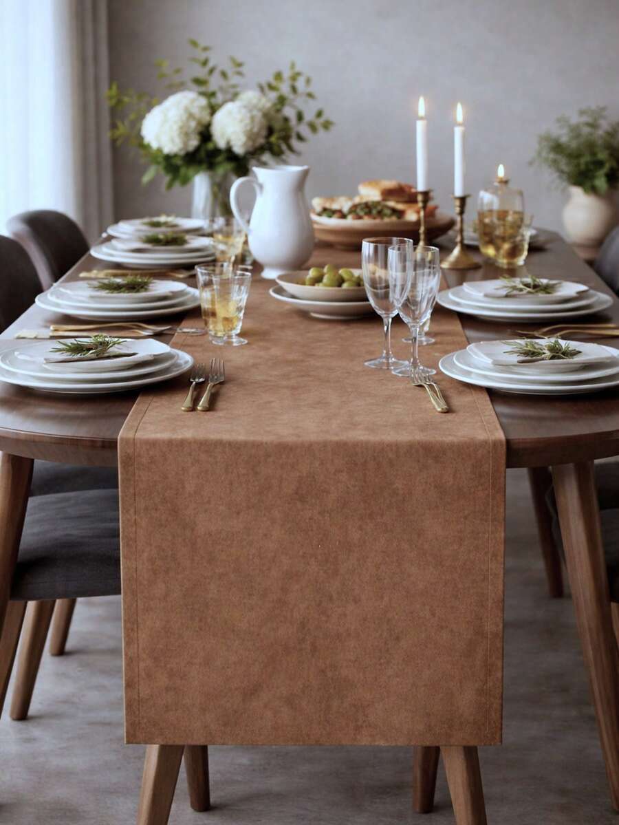 Soft Velvet Textured Stain Resistant Modern Table Runner - Minimal Dining Room Decor - Luxury Elegant Table Setting - Brown - View 1