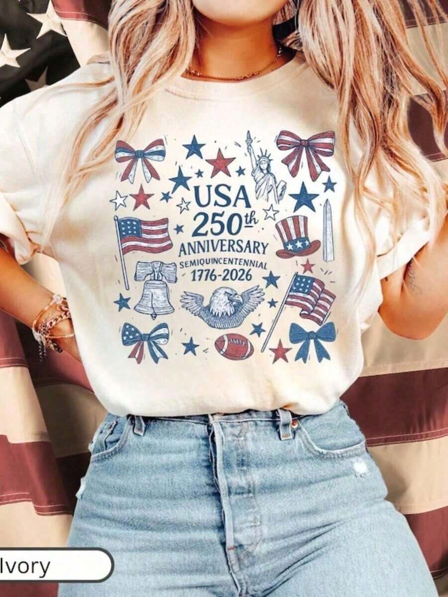 America 250th Anniversary Shirt, USA 250 Shirt, Patriotic Tee For Women, Semiquincentennial 1776-2026 Tee, Cute Coquette Top, 100% Cotton Oversized Short Sleeve Classic Heavy Cotton T Shirt Printed Graphic Tee Women's Casual Short-Sleeved Top- Spring Tops - Seaster Outfits For Women - Summer Tops For Women- Cotton Tops Women - 白色 - 查看 1