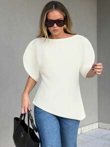 2026 Spring Women's Fashion Asymmetric Puff Sleeve Fitted Cropped Top, Round Neck Zipper Back Design, Street Style White Summer - White - View 4