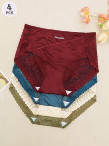 4pcs/Pack Mesh Satin Lace Trim High Waist Sexy Panties, Comfortable Lace Briefs For Women, Versatile For All Seasons - Multicolor - View 1