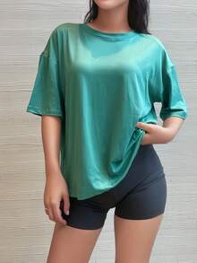 宽松休闲纯黑色短袖运动T恤 - 綠色 - 查看 2