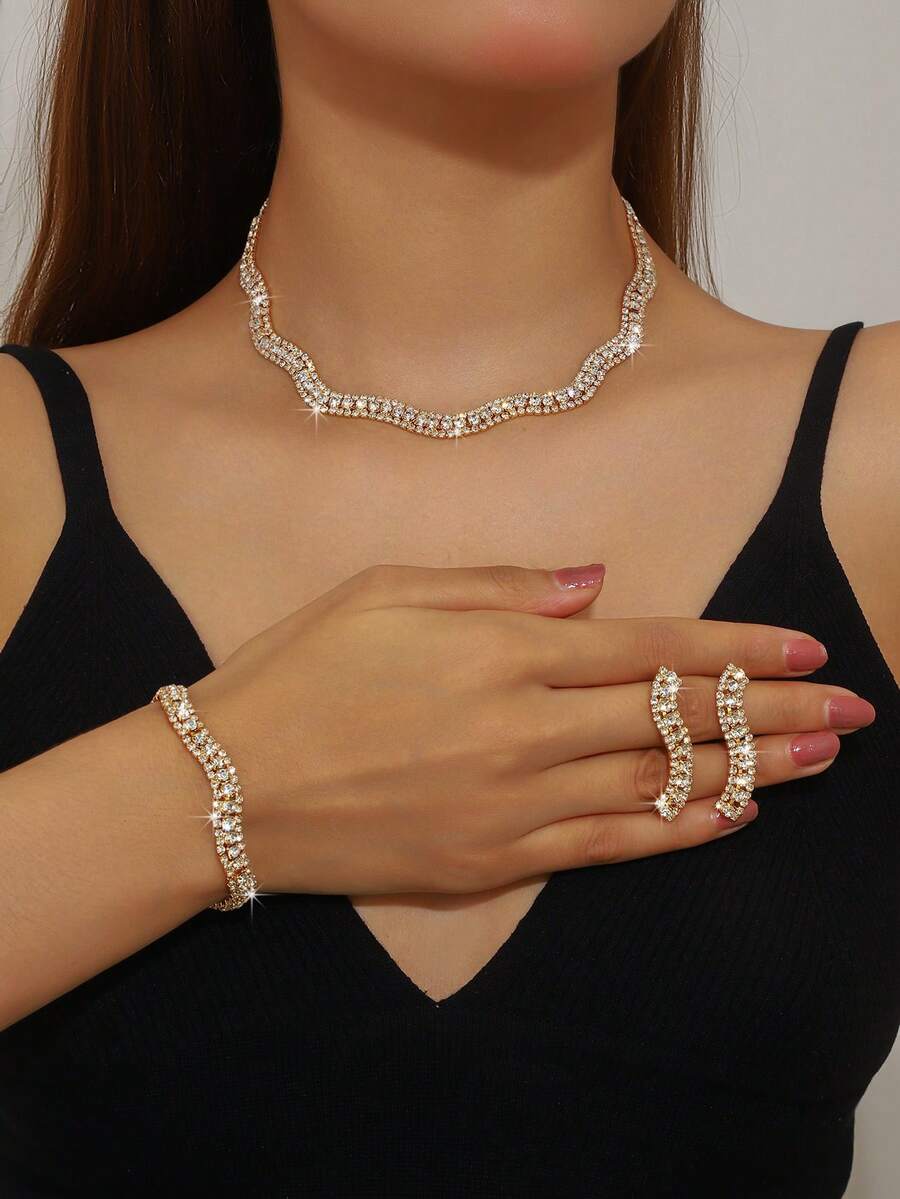 3pcs Set Elegant Minimalist Necklace + 1 Pair Earrings + Bracelet, Fashionable Wedding Accessories, Graduation Party Gift - Multicolor - View 1