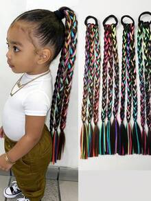 1pc Kids Colorful Braided Ponytail Wig, Heat Resistant Synthetic Hair Extension For Girls - Multicolor - View 2