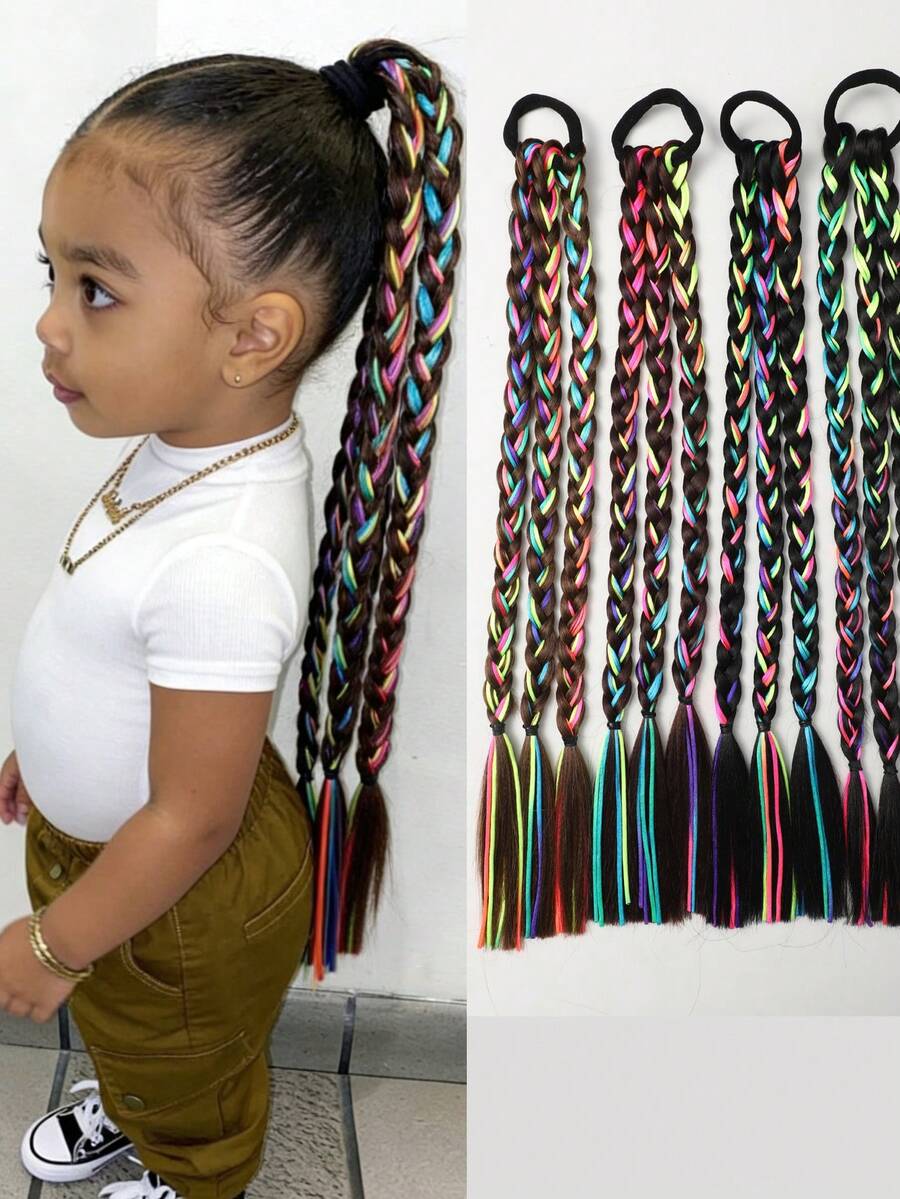 1pc Kids Colorful Braided Ponytail Wig, Heat Resistant Synthetic Hair Extension For Girls