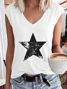 Women's Summer Star Print V-Neck Batwing Sleeve Loose T-Shirt, Business Casual Commuting Fashionable Comfortable Beach Top White - White - View 4