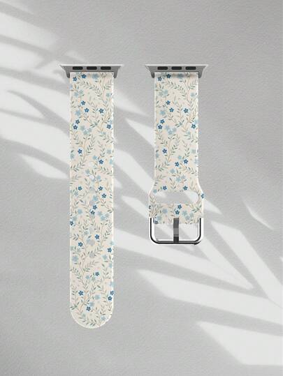 1pc Beige Base Blue Floral Soft Elastic Breathable Comfortable Replacement Watch Band, Compatible With Samsung, Honor Smartwatches Sizes Available: 38mm, 40mm, 41mm, 45mm, 44mm, 42mm, 49mm, Fashionable Casual Multi-Color Silicone Watch Strap, Fits