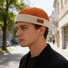 Mũ len nhung kẻ unisex phối da, mũ beanie màu trơn kiểu Nhật, mũ tang cổ điển, phù hợp cho cả nam và nữ, phong cách Hàn Quốc thường ngày cho mùa thu/đông. - A - Xem 14