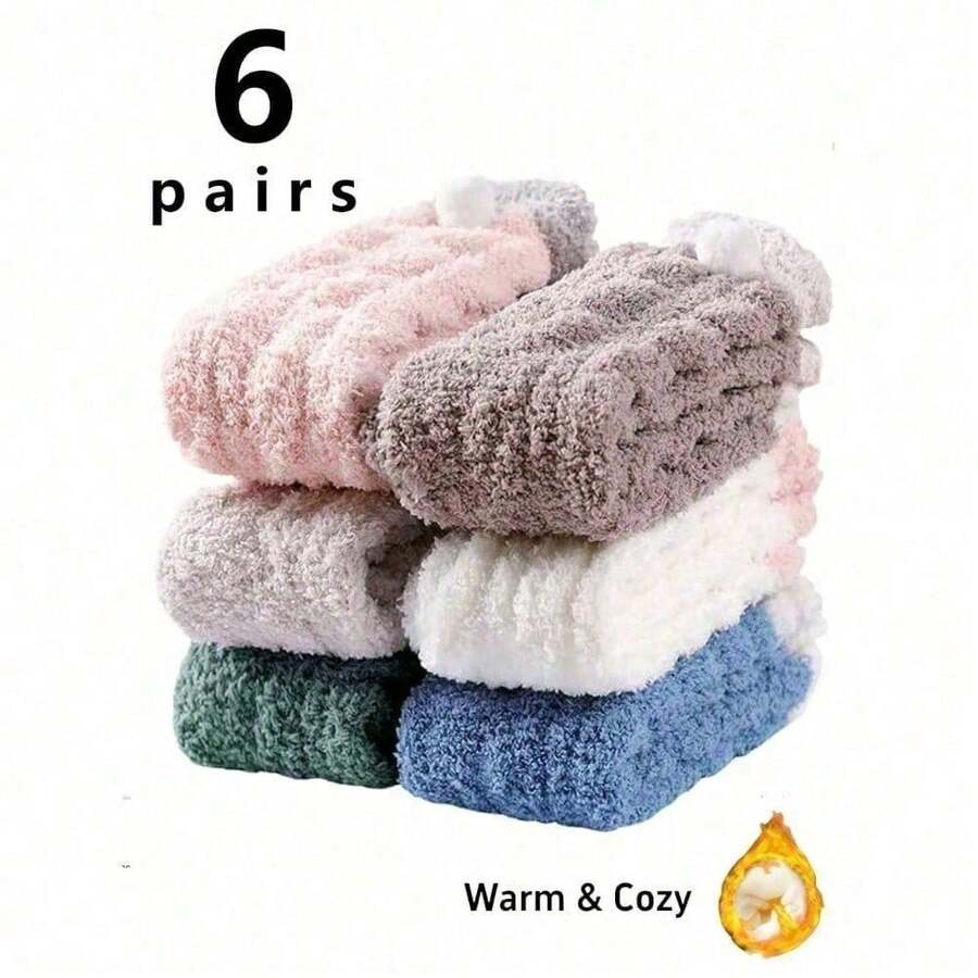 6 Pairs Of Warm Fuzzy Socks: Indoor Lounge Soft Cozy Ankle Like A Gentle Hug For Your Feet! Plush Fashion Ankle Socks - Super Comfortable Ladies' Socks. - 6雙混色 - 查看 1