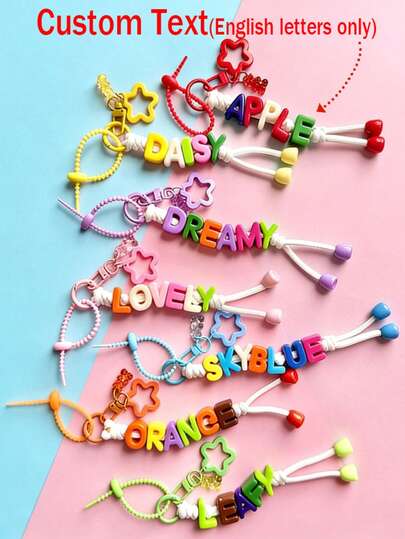 1 pieza Llavero tejido a mano personalizado, cuentas de letras de colores, colgante de estrella/oso, letra personalizada, colores de dopamina, regalo para volver a la escuela/cumpleaños