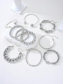 10pcs Vintage Casual Minimalist Women Silver-Gray Thick Chain Beaded Elastic Bracelet Set, Suitable For Daily Wear And Party, Stackable - Silver 3 - View 4
