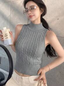 Turtleneck Cable Knit Vest For Women, Sexy Slim Fit Sleeveless Top Summer - Grey - View 5
