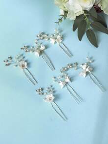 3件套优雅仿珍珠水钻白色花朵U型发夹，新娘婚礼伴娘发饰，仙女甜美发髻发夹 - 彩色 - 查看 7
