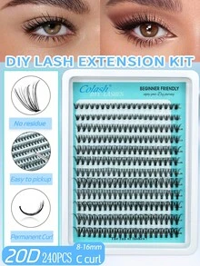 Colash 12排240片单簇假睫毛，20D C型卷翘浓密型，8-16毫米DIY睫毛簇，超浓密蓬松自然妆效，可重复使用的单根睫毛嫁接套装，适合居家或日常便携使用，包括日常、婚礼、约会、派对、旅行和春季妆容，睫毛簇，假睫毛簇，单根睫毛，假睫毛。 - C - 查看 2