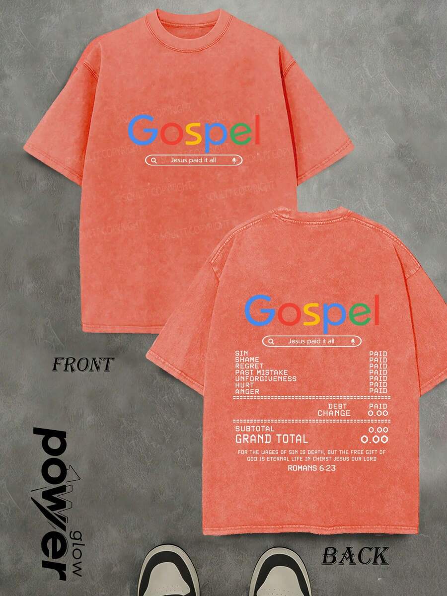 JesusT-SHITR GOD Graphic Tees Cotton Shirts Gospel Text With Vibrant Colors. Double - Sided Printing Men's Washed And Distressed Short-Sleeved T-Shirts, 230g 100% Pure Cotton, Men's Clothing.Unisex. Ideal For Casual Wear, Festivals, Everyday Use.Christmas T - Shirt - 珊瑚橙 - 查看 1