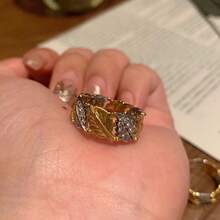 Damen Vintage Zweifarbiger Ahorn Blatt Zirkonia Cut Out Offener Ring - Gold - Übersicht 6