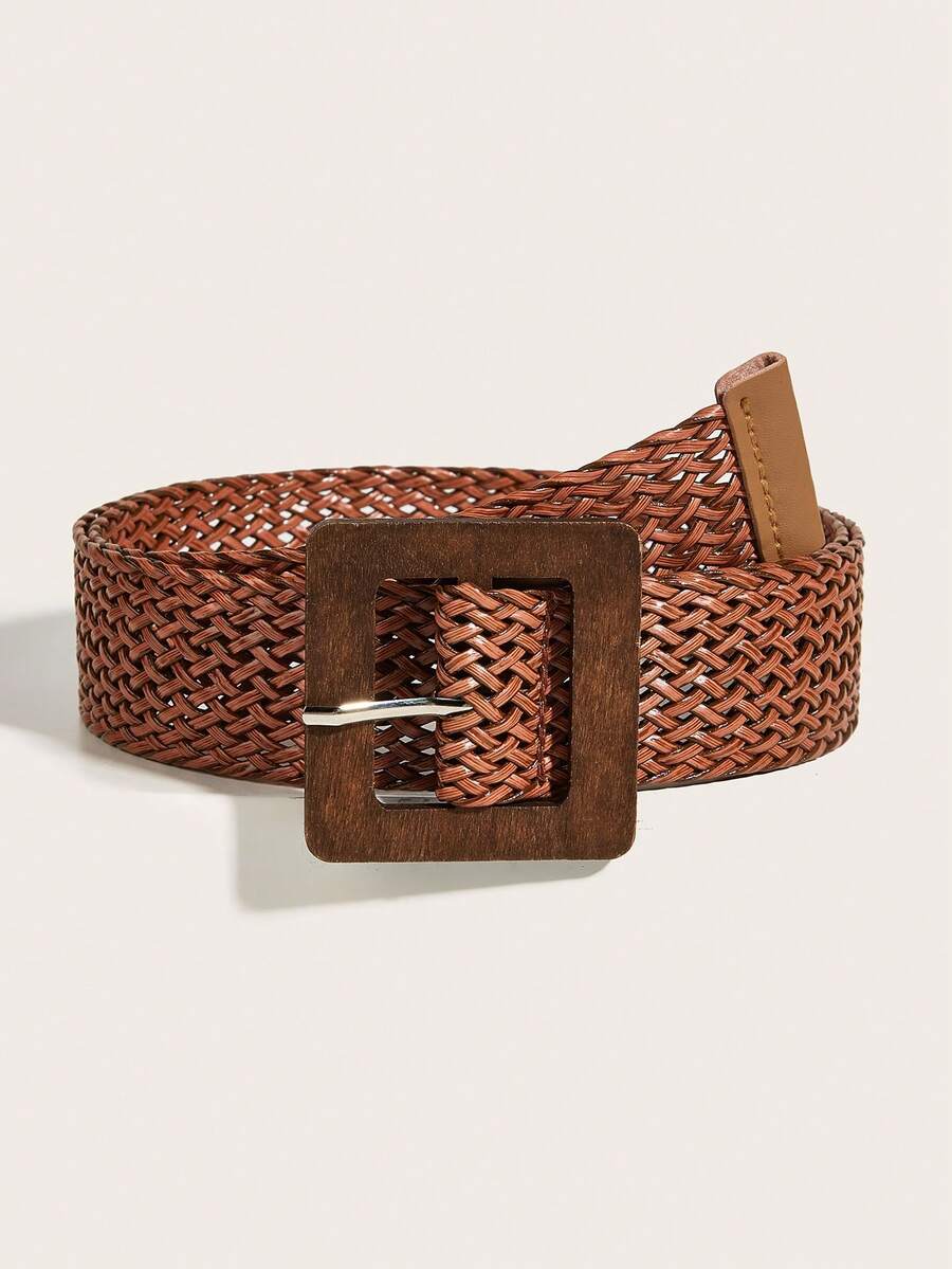 1pc Beige Women's PP Straw Woven Tie Waist Belt, Round Wooden Buckle Handmade Braided Waist Rope, Bohemian Western Style Millennium Hippie Casual Waist Decoration - Burnt Orange - View 1