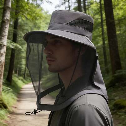 One Size Full-Face Protection Bee Proof Hat, Wear-Resistant Breathable Mesh Material, Practical Protective Style, Black/Gray Classic Color, Adjustable Drawstring Fixing Detail, Breathable & Non-Stuffy & Sun & Insect Proof, Unisex Outdoor Protective Cap, Suitable For Summer Fishing, Beekeeping & Field Exploration