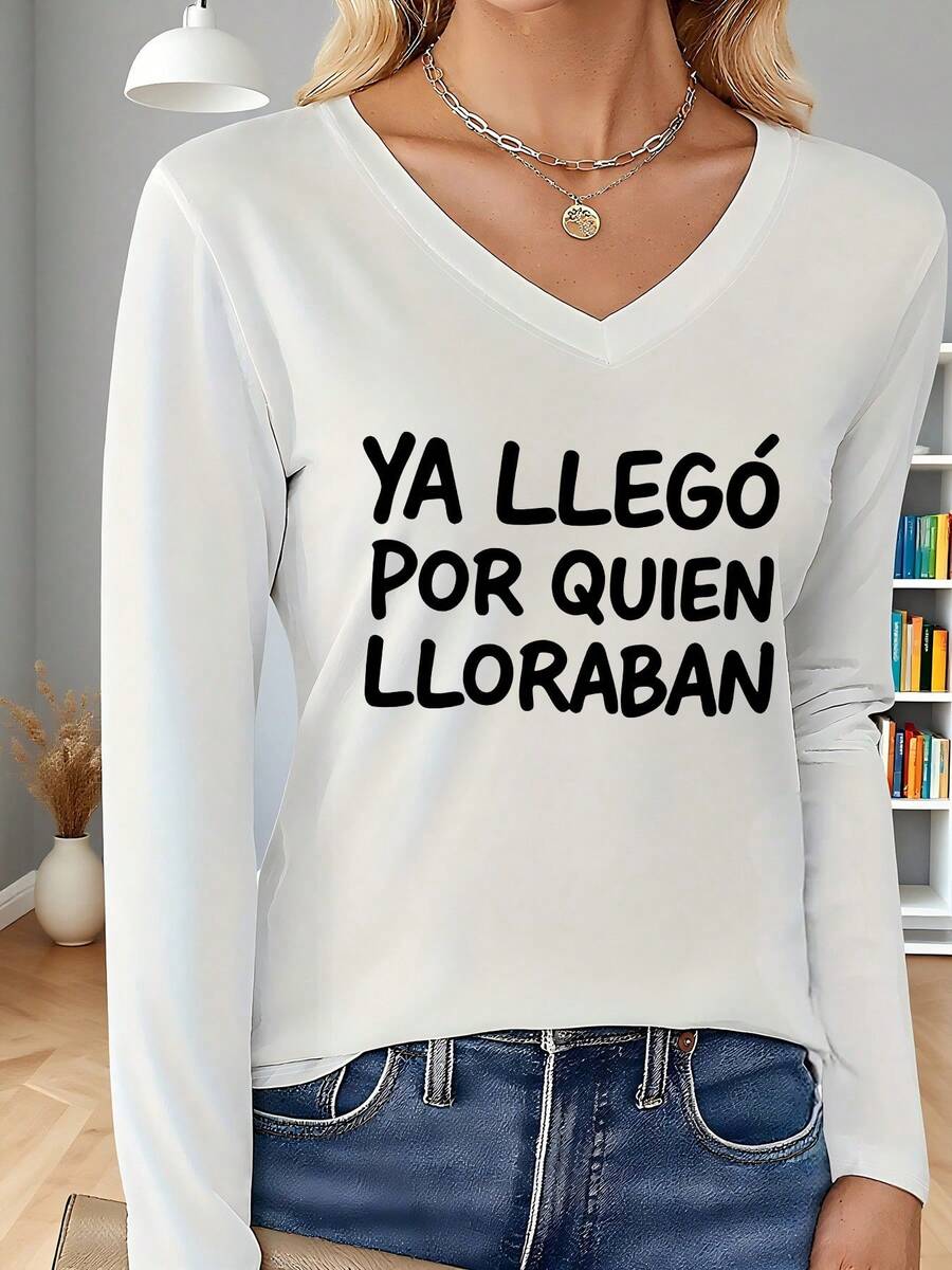 Camiseta de manga larga con cuello en V a la moda - Top de poliéster suave y transpirable, adecuado para uso casual en otoño e invierno, y para uso diario al aire libre, lavable a máquina[018#] - Blanco - Ver 1