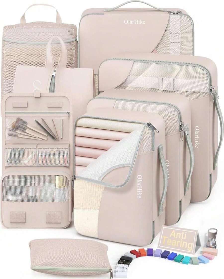 8 Set Packing Cubes For Travel, Gifts For Women Mom,Anti-Tearing Suitcase Organizer For Luggage With Shoe &Amp; Hanging Toiletry Bag,OlarHike Vacation Essentials &Amp; Accessories For Cruise Ship - ColorA - 查看 1