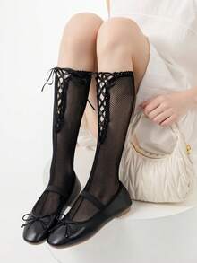 1/3 Pairs Spring/Summer Thin Knee-High Socks, Ballet-Style Criss-Cross Leg Warmers, Lolita Bow Knee Socks, Mesh Hollow Thigh-High Socks, No-Show Ankle Socks, Straight-Cut Socks - Multicolor - View 4