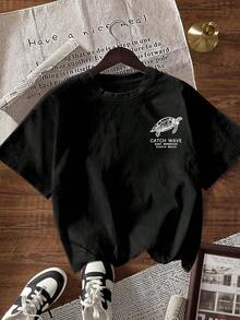 Women's Loose-Fitting T-Shirt, Round Neck, Short Sleeves, With Graphic Letter Pattern. - Black - View 2