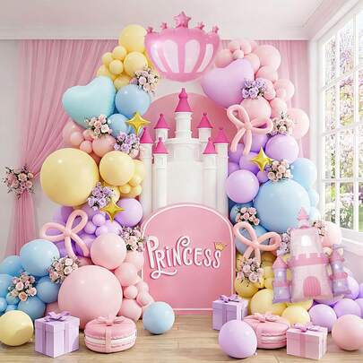 131pcs Princess Castle Theme Balloon Arch Set, Includes 1 Castle & Crown Foil Balloons, Pink, Purple, Yellow & Blue Latex Balloons. Ideal For Birthday Party, Proposal, Wedding Decoration, And Princess Castle Theme Party