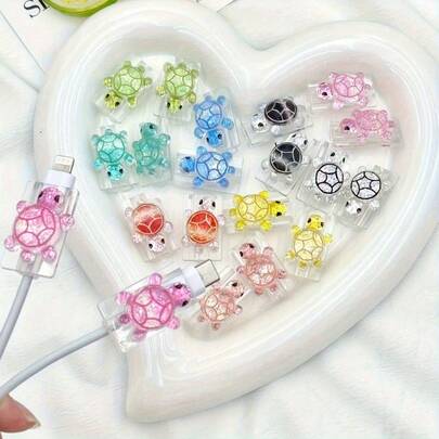 高品质可爱卡通乌龟数据线保护套，经久耐用，耐磨损 - 兼容苹果充电器手柄，多色设计，适用于苹果和安卓充电配件，可爱乌龟装饰，亮丽保护套，小型工具配件，趣味小玩意，持久耐用材质，趣味小工具保护套，数码爱好者必备