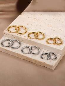 RAYQUEEN 3 Pairs Stainless Steel Versatile Hip-Hop Minimalist Fashion Gold Hoop Earrings, Suitable For Daily Wear And Gift - Set - View 6
