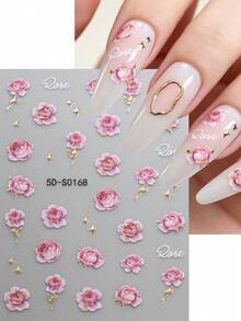 3pcs/Set Pink Sakura & Rose Nail Stickers, 5D Embossed Stamping Gold Romantic Floral Leaves Nail Decals, Self-Adhesive Nail Decorations For Women & Girls Spring Manicure - Multicolor - View 4