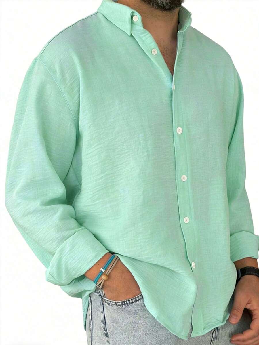 男士纯蓝色休闲长袖衬衫，户外休闲简约时尚衬衫，休闲上衣 - 青碧色 - 查看 1