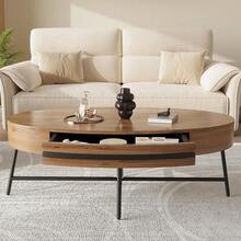 Mesa de café oval con cajón, mesa central de madera moderna de mediados del siglo de 47, 2" con almacenamiento, diseño curvado y patas de metal cruzado para la sala de estar - Marrón - Ver 5