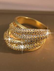 1枚奢华多层线条扭纹戒指，镶嵌立方氧化锆，独特设计，不规则造型，适合婚礼、订婚、周年纪念、宴会等场合，亦可作为情人节礼物。 - 金黃色 - 查看 7