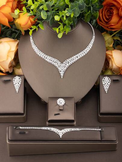 1 Set Elegant V-Shaped Jewelry Set With Cubic Zirconia, Includes 1 Pair Earrings, 1 Necklace, 1 Bracelet, 1 Ring, Suitable For Daily Wear And Formal Occasions, Excluding Gift Box