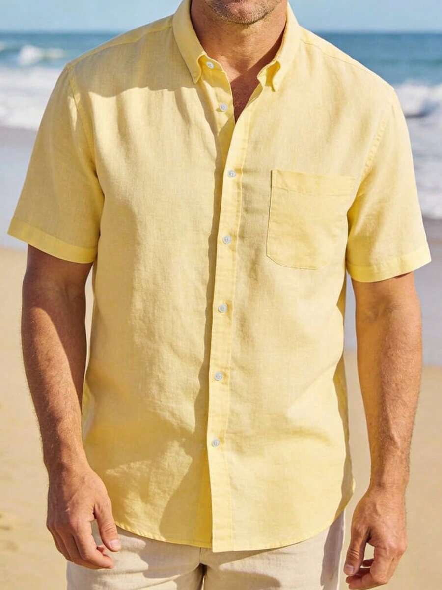 男士短袖夏威夷休闲度假衬衫,沙滩休闲简约时尚夏季上衣 - 黃色 - 查看 1