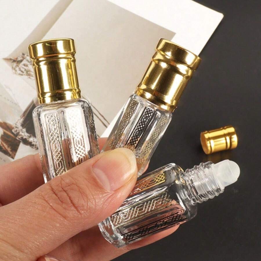 3ml/6ml/12ml 透明八角形玻璃精油滾珠瓶,配豪華金色蓋,可補充空滾珠容器,旅行尺寸便攜小瓶 - 彩色 - 查看 1