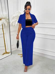 AIJ Amarilo Women's Summer Casual Striped Shirt And Pants 2 Pieces Set, Random Floral Pattern - Royal Blue - View 4