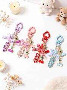 1pc Fruit Bow Keychain, Cherry Heart Keyring, Girl Bag Charm - Multicolor - View 1